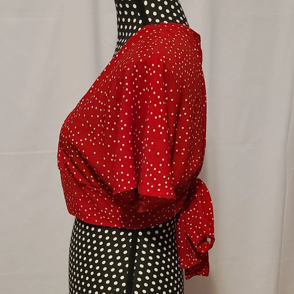 Shein Polka Dot Tie Around Overlay Top Red And White